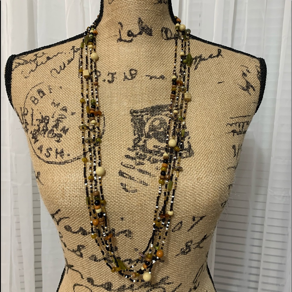Long Four Strand Bead & Polished Stone Necklace